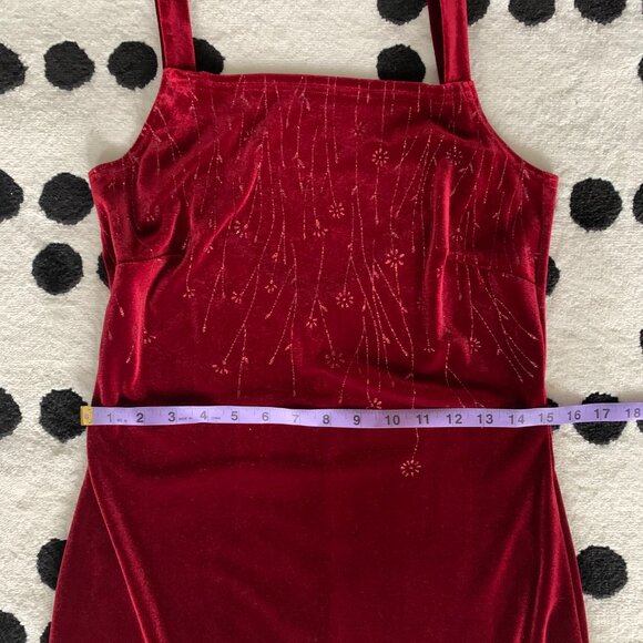 Vintage 90s Red Velvet Maxi Slip Dress Square Neck Glitter Side Slit Long Gown - Picture 14 of 16